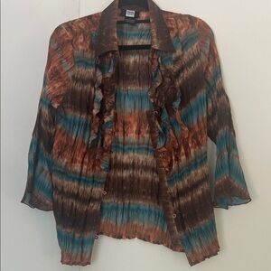 Studio 1940 Bohemian Chocolate Brown, and Teal Button Down Ruffled Shirt